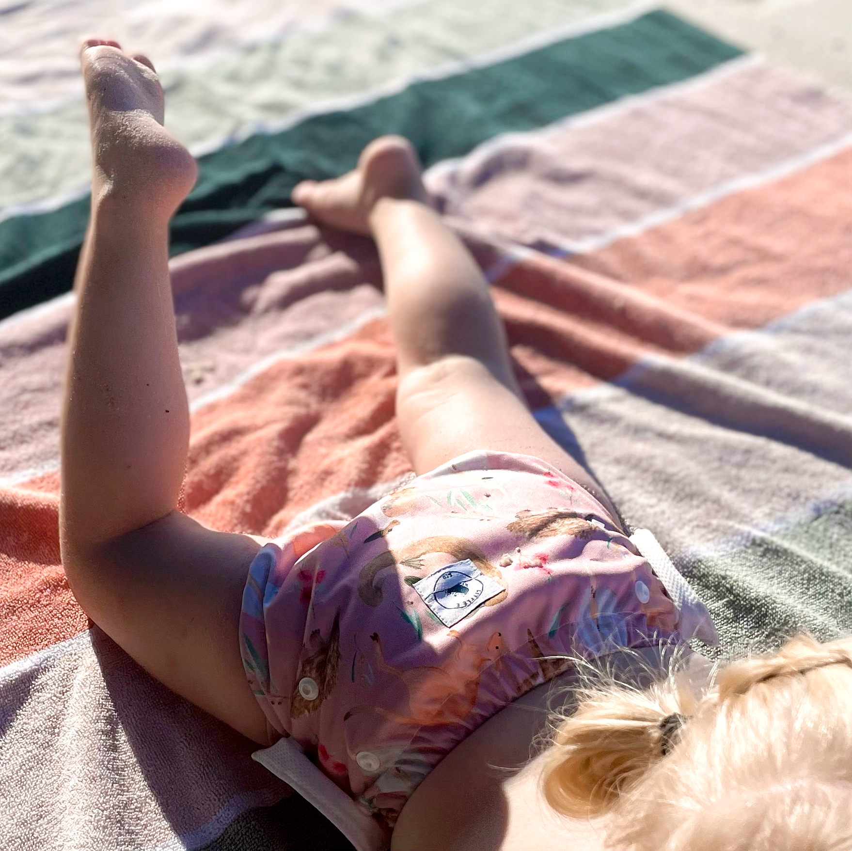LITTLE E & CO – kids swim nappy, a pale pink with a colourful Australian animals print featuring koalas, kangaroos, platypus, kookaburras and echidnas. The swim nappy is a one size fits most design and has 3 adjustable snap settings.