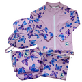 Baby Swimwear Set in pastel purple with pink, blue, and purple butterflies, includes UPF 50+ long sleeve rashie, swim nappy with snaps, swim hat with toggles, and matching wet bag.