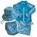 Baby swimwear set in turquoise blue with contemporary Indigenous print, including long-sleeve rash guard, swim nappy, hat, and wet bag.