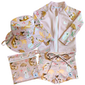 LITTLE E & CO - four-piece kids' swim set featuring a long-sleeve rash guard, swim hat, swim shorts and wet bag. The set is a pale pink with a colourful Australian animals print featuring koalas, kangaroos, platypus, kookaburras and echidnas. Made with UPF 50+ sun protection fabric. The rash guard has a front zipper for easy wear, and the shorts feature an adjustable drawstring waistband for a secure fit, and the hat has adjustable toggles.