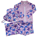 LITTLE E & CO - four-piece kids' swim set featuring a long-sleeve rash guard, swim hat, swim shorts and wet bag. The set is a pastel purple with a colourful pink, blue and purple butterflies.. Made with UPF 50+ sun protection fabric. The rash guard has a front zipper for easy wear, and the shorts feature an adjustable drawstring waistband for a secure fit, and the hat has adjustable toggles.