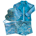 LITTLE E & CO - four-piece kids' swim set featuring a long-sleeve rash guard, swim hat, swim shorts and wet bag. The set is a turquoise blue with a colourful contemporary indigenous print. Made with UPF 50+ sun protection fabric. The rash guard has a front zipper for easy wear, and the shorts feature an adjustable drawstring waistband for a secure fit, and the hat has adjustable toggles.