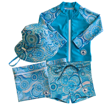 LITTLE E & CO - four-piece kids' swim set featuring a long-sleeve rash guard, swim hat, swim shorts and wet bag. The set is a turquoise blue with a colourful contemporary indigenous print. Made with UPF 50+ sun protection fabric. The rash guard has a front zipper for easy wear, and the shorts feature an adjustable drawstring waistband for a secure fit, and the hat has adjustable toggles.