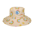 Kids swim hat in pale yellow with rainbow and sun print, featuring adjustable toggles and UPF 50+ sun protection – by LITTLE E & CO.