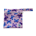 Mini wet bag in pastel purple with pink, blue, and purple butterflies, made from waterproof PUL with a handy strap.