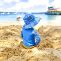 Baby Swimwear Set in ocean print with whales, turtles, fish, and coral, featuring UPF 50+ long sleeve rashie with front zipper and swim hat with adjustable toggles.