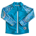 Kids long sleeve rashie in turquoise blue with colourful contemporary Indigenous print, featuring UPF 50+ sun protection and front zipper.