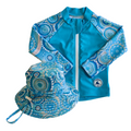 LITTLE E & CO - Two-piece kids' swim set featuring a long-sleeve rash guard and swim hat. The set is a turquoise blue with a colourful contemporary indigenous print. Made with UPF 50+ sun protection fabric. The rash guard has a front zipper for easy wear, and the hat features adjustable toggles.