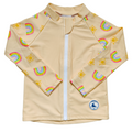 Children's rashie in pale yellow with rainbow and sun print, made from UPF 50+ sun protection fabric with front zipper.