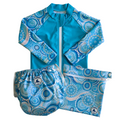 LITTLE E & CO – Three-piece kids' swim set featuring a long-sleeve rash guard, swim nappy and wet bag. The set is a turquoise blue with a colourful contemporary indigenous print. Made with UPF 50+ sun protection fabric. The rash guard has a front zipper for easy wear, the swim nappy has adjustable snaps and the wet bag has a strap.