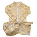 Baby swimwear set featuring a pale yellow long-sleeve rash guard, swim nappy with adjustable snaps, and wet bag with strap, all in a colourful rainbow and sun print.