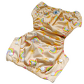 Swim nappy in pale yellow with colourful rainbow and sun print, featuring three adjustable snap settings and a one size fits most design.