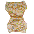Kids swim nappy in pale yellow with rainbow and sun print, featuring adjustable snaps and a one size fits most design.