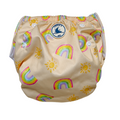 Swim nappy in pale yellow with a colourful rainbow and sun print, featuring a one size fits most design and 3 adjustable snap settings.