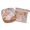 LITTLE E & CO – Two-piece kids' swim set, includes a swim nappy and wet bag, a pale pink with a colourful Australian animals print featuring koalas, kangaroos, platypus, kookaburras and echidnas. The swim nappy is a one size fits most design and has 3 adjustable snap settings and the wet bag has a strap.