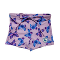 Kids swim shorts in pastel purple with pink, blue, and purple butterfly print, made from UPF 50+ fabric with adjustable drawstring waistband for a secure fit.