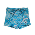 Kids swim shorts in turquoise blue with a colourful contemporary Indigenous print, made from UPF 50+ sun protection fabric with adjustable drawstring waistband.