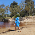 Kids' swim set by LITTLE E & CO in blue with ocean animal print – includes UPF 50+ long-sleeve rash guard with front zipper and adjustable swim shorts featuring whales, turtles, fish, and coral.