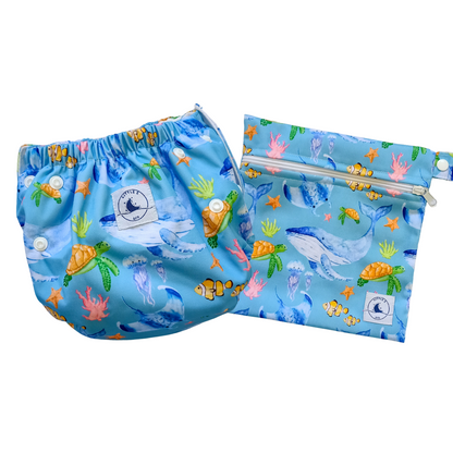 REUSABLE SWIM NAPPY & MINI WET BAG COMBO ~ OCEAN