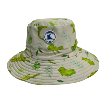 Bucket hat with green leaf pattern and crocodile print and logo on a white background