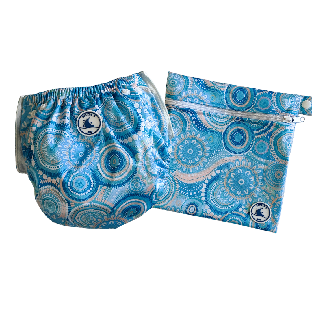 REUSABLE SWIM NAPPY & MINI WET BAG COMBO ~ CALLED HOME TO THE OCEAN