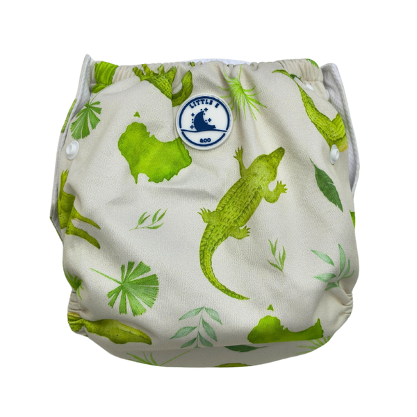 Reusable swim nappy in Crocodiles print, a green crocodile pattern design