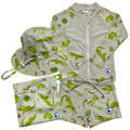 Children's swimwear set with rashie, shorts, hat, and pouch featuring green crocodile pattern on a beige background.