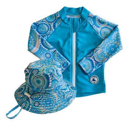 LONG SLEEVE RASHIE & REVERSIBLE SWIM HAT COMBO ~ CALLED HOME TO THE OCEAN