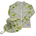 Children's green top rashie and hat set with green crocodile pattern on a beige background