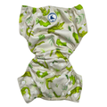 Green and white patterned diaper or resusable swim nappy with a brand logo on a white background