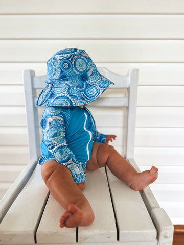 Boys UPF 50+ swimwear set in ocean print, sustainable kids swimwear Australia