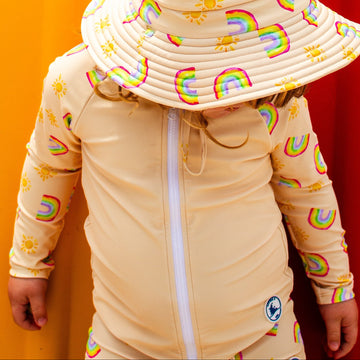 Yellow rainbow Long sleeve rashie and swim hat set with UPF 50+ sun protection for kids 