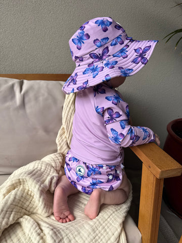 Girls sustainable swimwear set with hat and rashie, eco-friendly kids swimwear