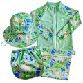 LITTLE E & CO - four-piece kids' swim set featuring a long-sleeve rash guard, swim hat, swim nappy and wet bag. The set is a green with a colourful rainforest print featuring birds, frogs, lizards and butterflies. Made with UPF 50+ sun protection fabric. The rash guard has a front zipper for easy wear, and the swim nappy has adjustable snaps, and the hat has adjustable toggles.