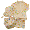 LITTLE E & CO - four-piece kids' swim set featuring a long-sleeve rash guard, swim hat, swim nappy and wet bag. The set a pale yellow with a colourful rainbow and sun print. Made with UPF 50+ sun protection fabric. The rash guard has a front zipper for easy wear, and the swim nappy has adjustable snaps, and the hat has adjustable toggles.