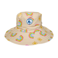 LITTLE E & CO – kids swim hat, a pale yellow with a colourful rainbow and sun print. Made with UPF 50+ sun protection fabric. The swim hat features adjustable toggles