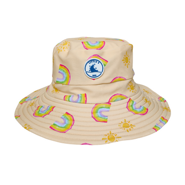 LITTLE E & CO – kids swim hat, a pale yellow with a colourful rainbow and sun print. Made with UPF 50+ sun protection fabric. The swim hat features adjustable toggles