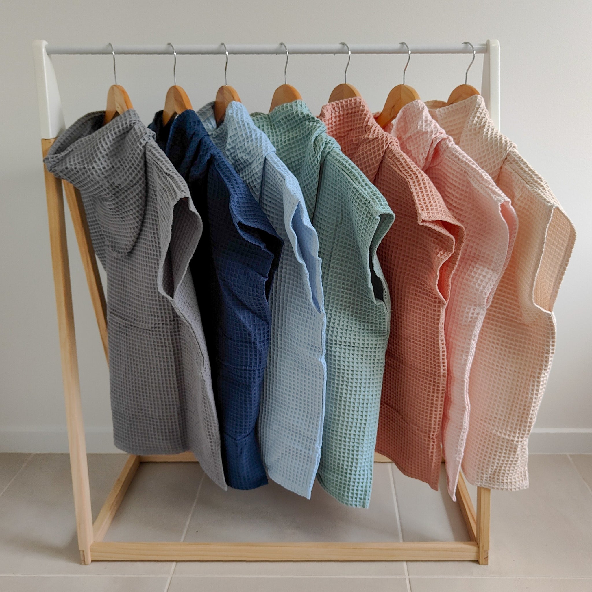 LITTLE E & CO - 100% Waffle Cotton Hooded Poncho Towel with embodied logo range of colours, grey, navy, light blue, sage green, salmon pink, light pink and cream