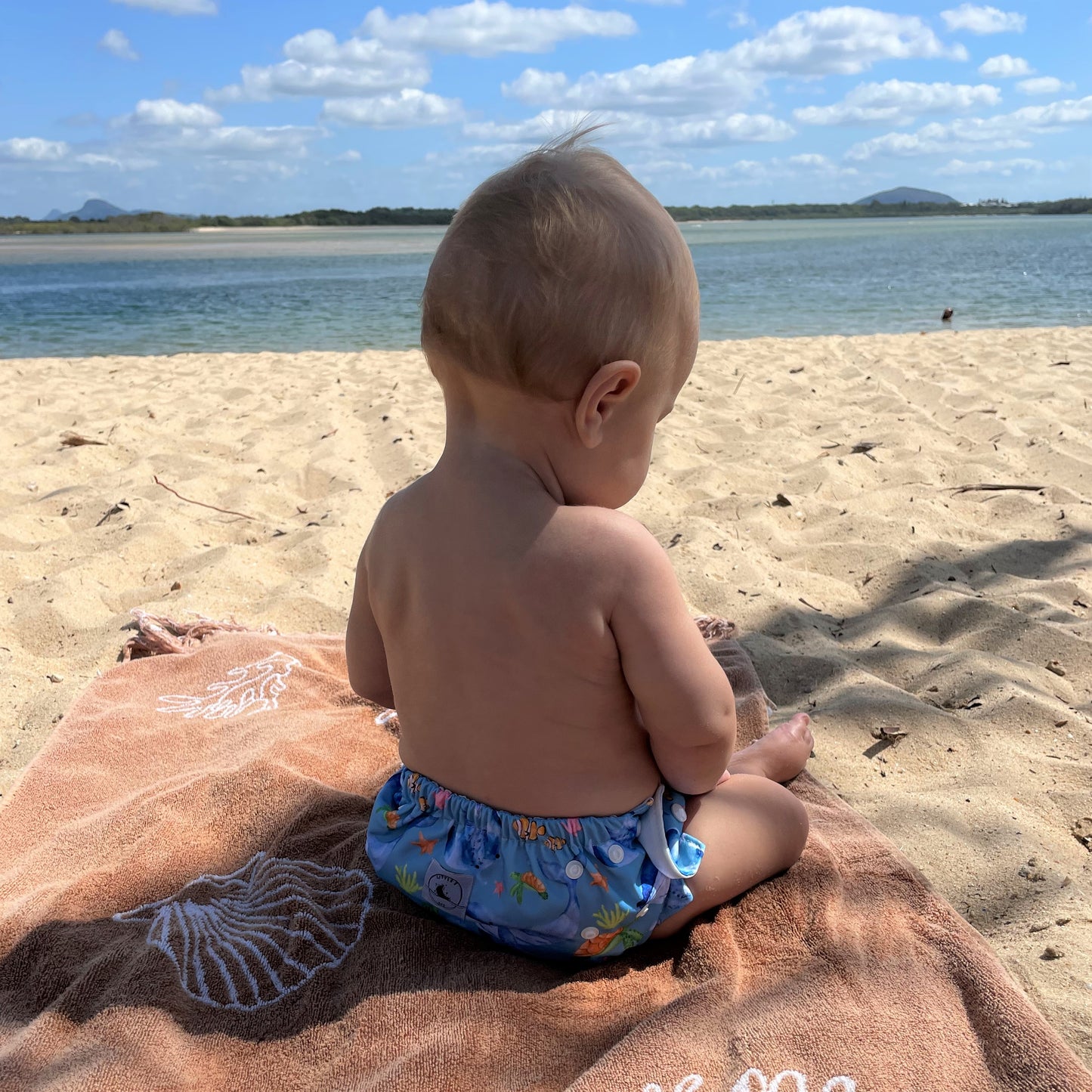 LITTLE E & CO – kids swim nappy, a blue with a colourful ocean print featuring whales, turtles, fish and coral. The swim nappy is a one size fits most design and has 3 adjustable snap settings.