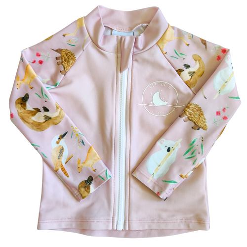 Kids long sleeve rashie in the AUS Animals print with koalas, kangaroos and echidnas