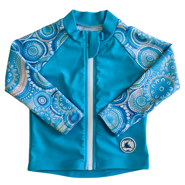 LITTLE E & CO – kids long-sleeve rash guard, a turquoise blue with a colourful contemporary indigenous print. Made with UPF 50+ sun protection fabric. The rash guard has a front zipper for easy wear.