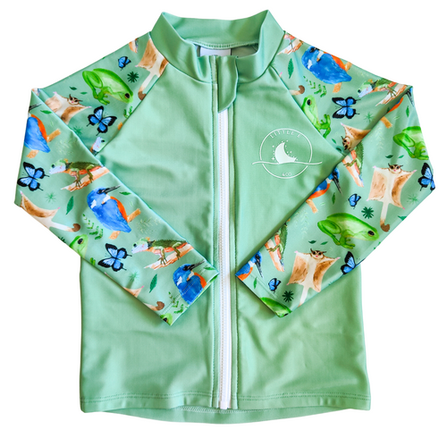 Kids long sleeve rashie in the Forest print with birds, frogs and lizards