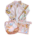 LITTLE E & CO – Three-piece kids' swim set featuring a long-sleeve rash guard, swim nappy and wet bag. The set is a pale pink with a colourful Australian animals print featuring koalas, kangaroos, platypus, kookaburras and echidnas. Made with UPF 50+ sun protection fabric. The rash guard has a front zipper for easy wear, the swim nappy has adjustable snaps and the wet bag has a strap.