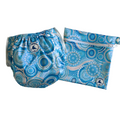 LITTLE E & CO – Two-piece kids' swim set, includes a swim nappy and wet bag, a turquoise blue with a colourful contemporary indigenous print. The swim nappy is a one size fits most design and has 3 adjustable snap settings and the wet bag has a strap.