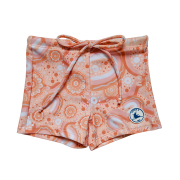 LITTLE E & CO – kids swim shorts, peach pink with a colourful contemporary indigenous print. Made with UPF 50+ sun protection fabric. The shorts feature an adjustable drawstring waistband for a secure fit
