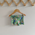LITTLE E & CO – kids swim shorts, The set is green with a colourful rainforest print featuring birds, frogs, lizards and butterflies. Made with UPF 50+ sun protection fabric. The shorts feature an adjustable drawstring waistband for a secure fit