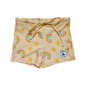 LITTLE E & CO – kids swim shorts, a pale yellow with a colourful rainbow and sun print. Made with UPF 50+ sun protection fabric. The shorts feature an adjustable drawstring waistband for a secure fit