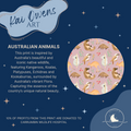 Australian Animal print on a soft pink background, created by artist Kai Owens. Charity donations to Currumbin Wildlife Hospital. 