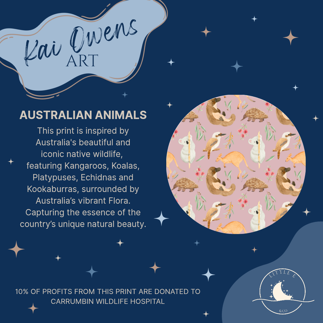 Australian Animal print on a soft pink background, created by artist Kai Owens. Charity donations to Currumbin Wildlife Hospital. 