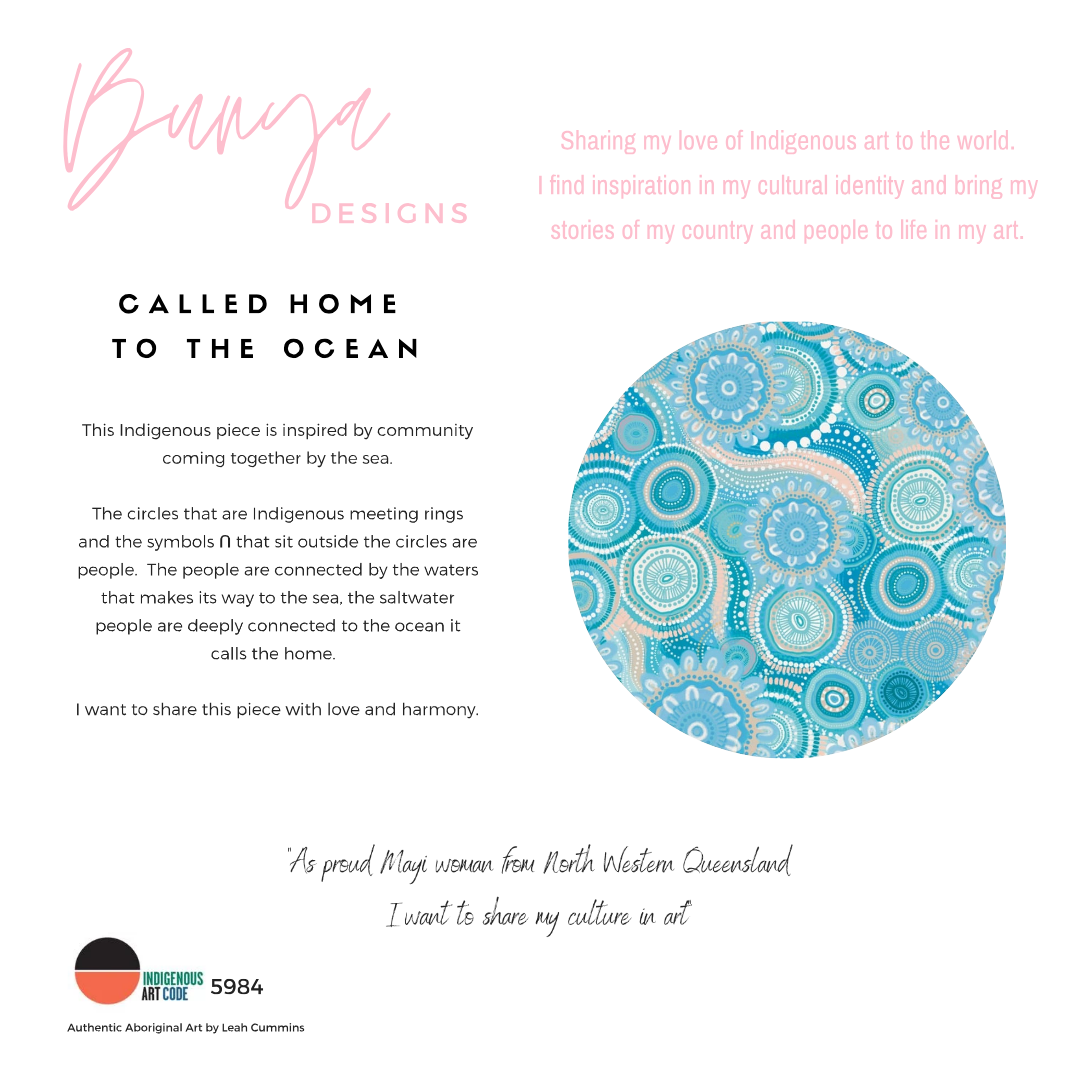 Blue aboriginal/ indigenous print inspired by community and the ocean, created by artist Leah Cummings.